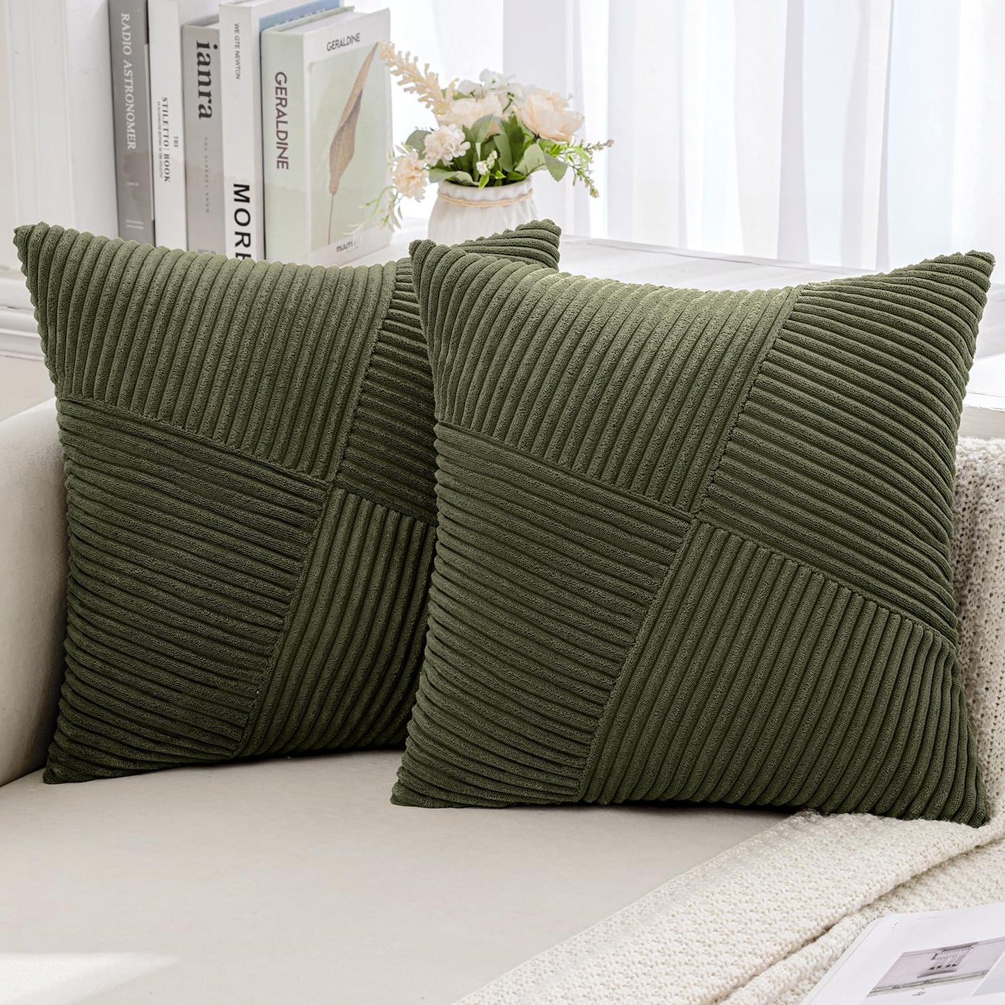 MIULEE Corduroy Throw Pillow Covers Pack of 2 Decorative Windmill Striped Spliced Soft Couch Pillowcases Boho Patchwork Cushion Covers for Living Room Bed Sofa 16x16 inch Olive Green