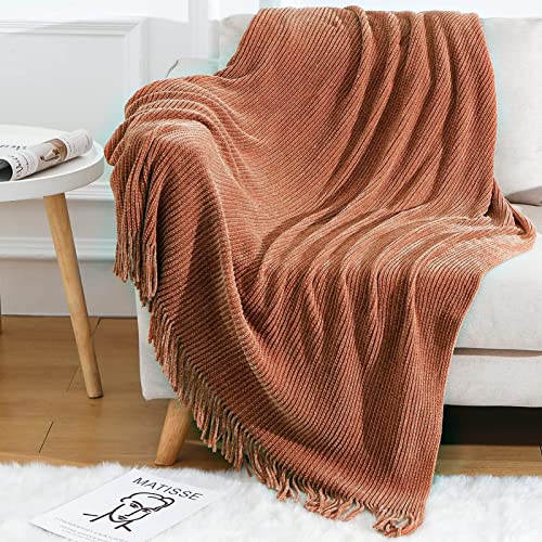 Blagic Knitted Throw Blanket for Couch Soft Farmhouse Boho Throw Blanket with Tassels Home Decorative Lightweight Throw BlanketsMaple Brown Throws for Bed/Chair/Sofa Stripe Textured50" W x 60" L