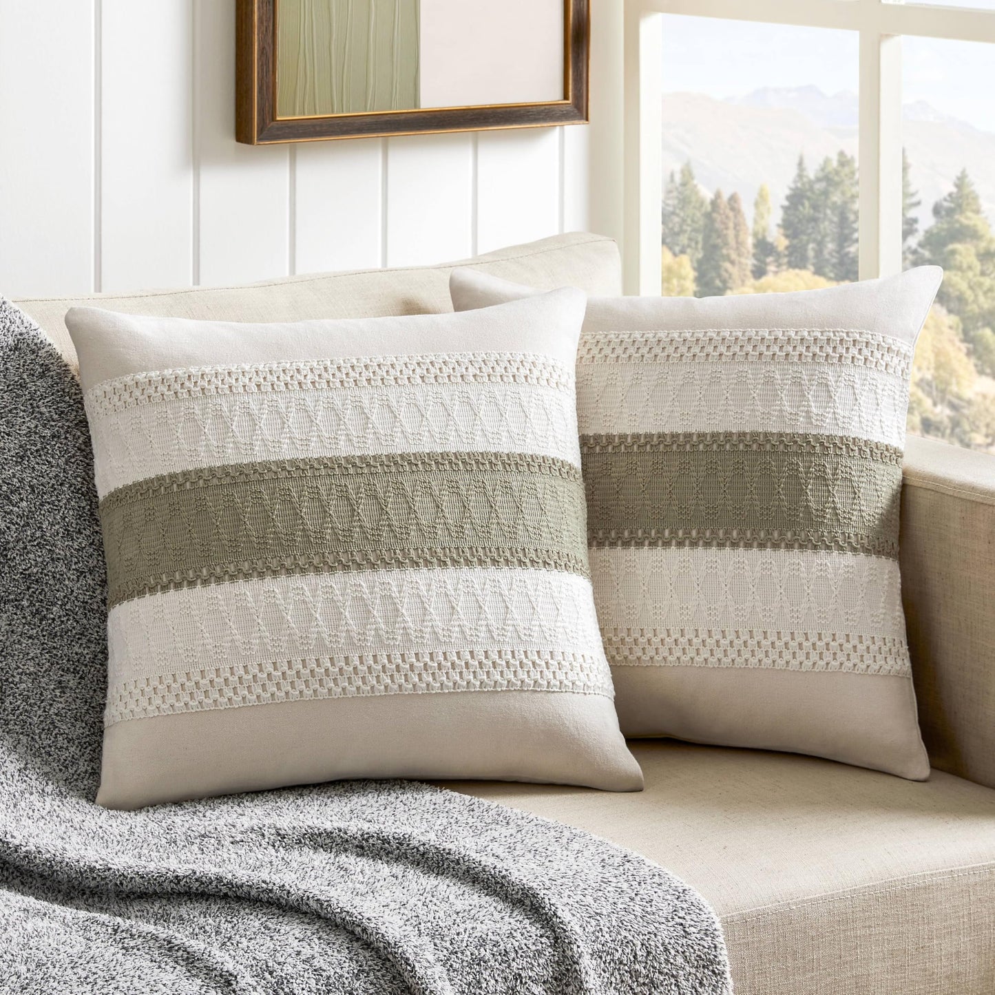 ZeeMart 2 Packs Cotton Boho Throw Pillow Covers 16x16 Inch Contrast Dark Sage Soft Farmhouse Decorative Couch Pillow Cases Sage Green Cushion Covers for Sofa Bed Living Room Home Decor